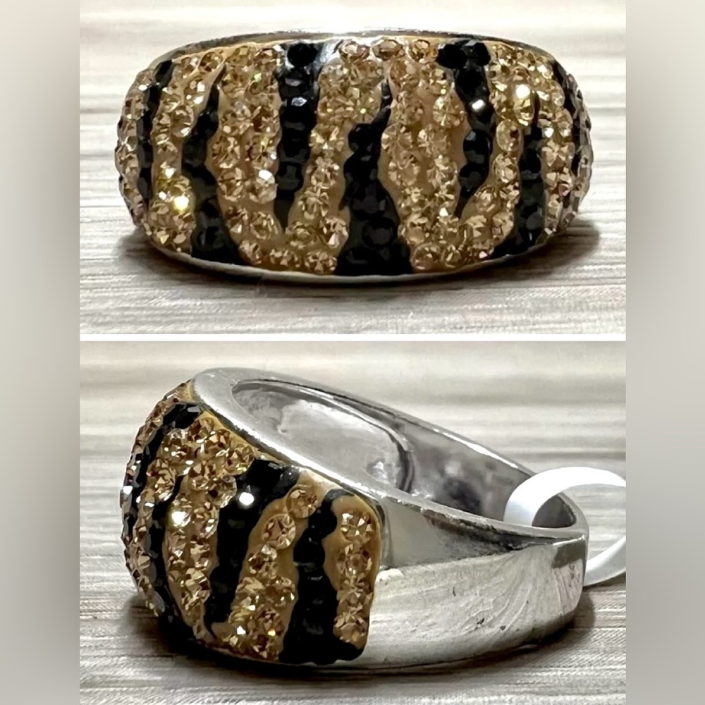 Vintage Designer JCM Sterling Silver Plated Topaz Zebra Band Ring, Size 8
